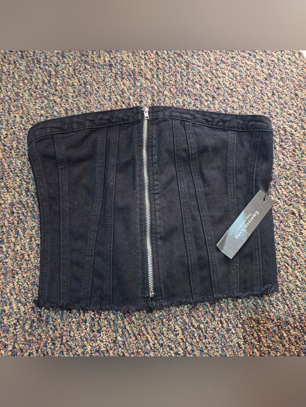 NWT Emerson Lang Black Denim Corset Top Womens Size L Zip Front Raw Hem Tube Top